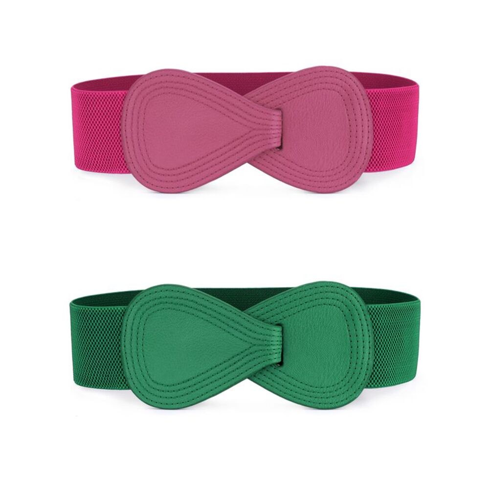 2pcs Plus Size Elastic Waist Belt Interlock 8-shaped Faux Leather Buckle Belts